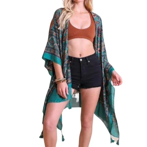 Raj Linen Moroccan Kimono Lightweight Traditional Design Sleeves Kaftan Green - Picture 1 of 3